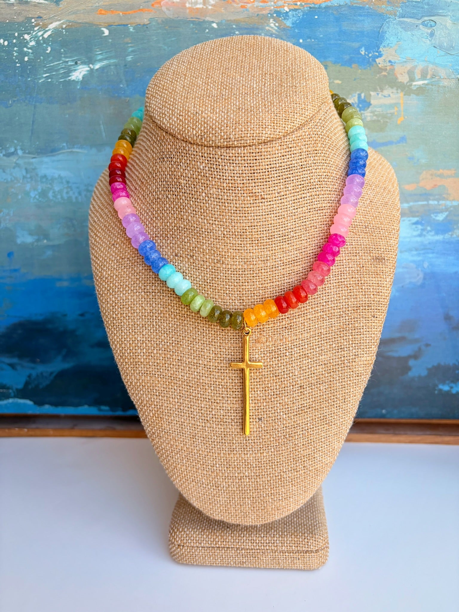 Rainbow Rondelle Necklace with Cross – 15.5” + Extender