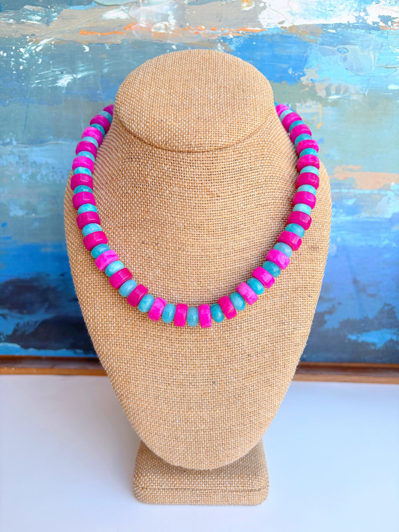 Pink & Turquoise Cylinder + Rondelle Necklace – 16.5” + Extender