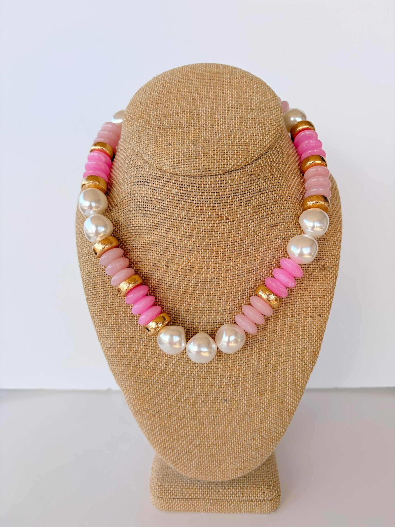Pearl & Pink Rondelle Necklace – 16”