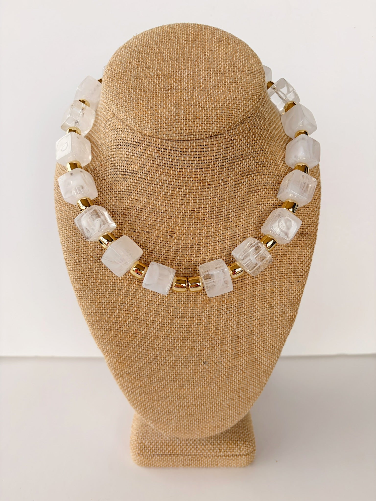 Clear Cube Bead Necklace with Gold Spacers – 16”