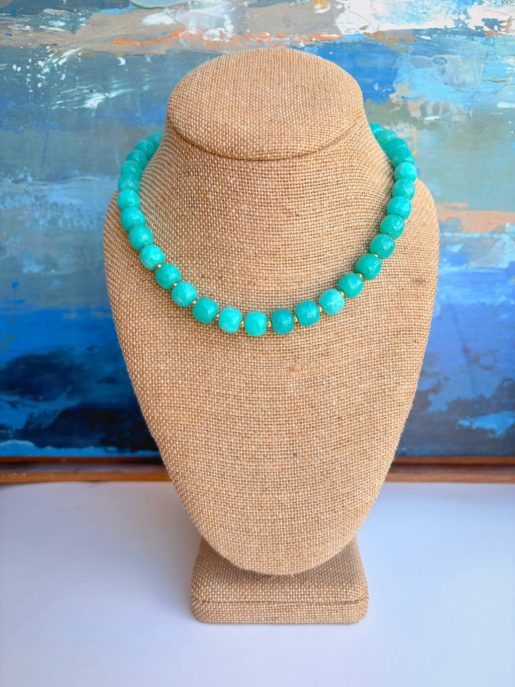 Small Teal Cube Bead Necklace – 16” + Extender