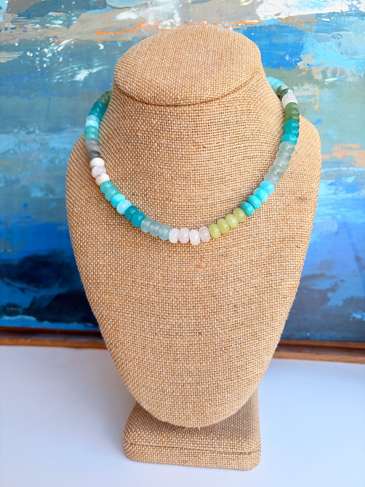 Mixed Blue & Green Rondelle Necklace – 15” + Extender
