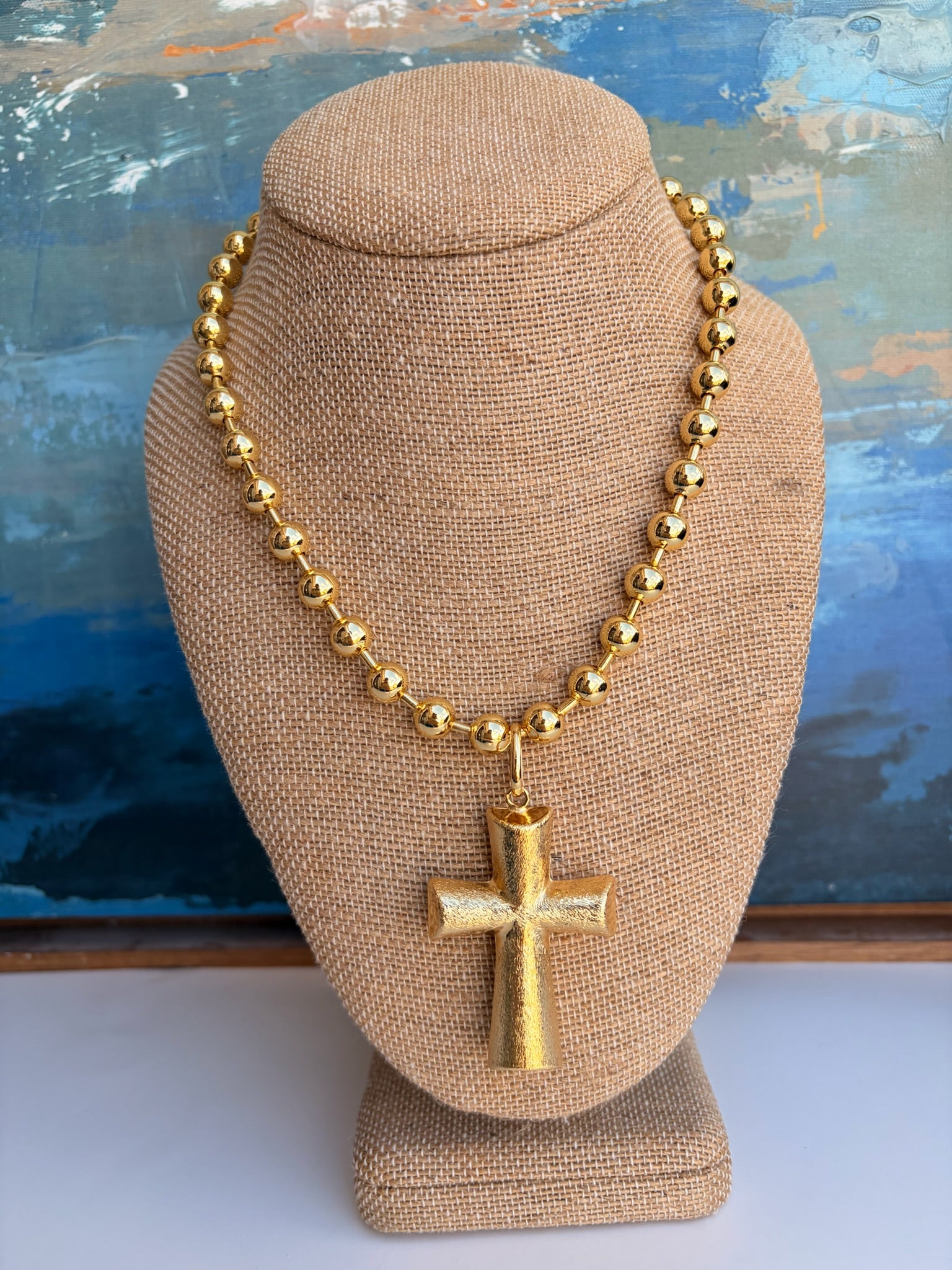 Gold Ball Chain Necklace with Cross Pendant – 17” + Extender