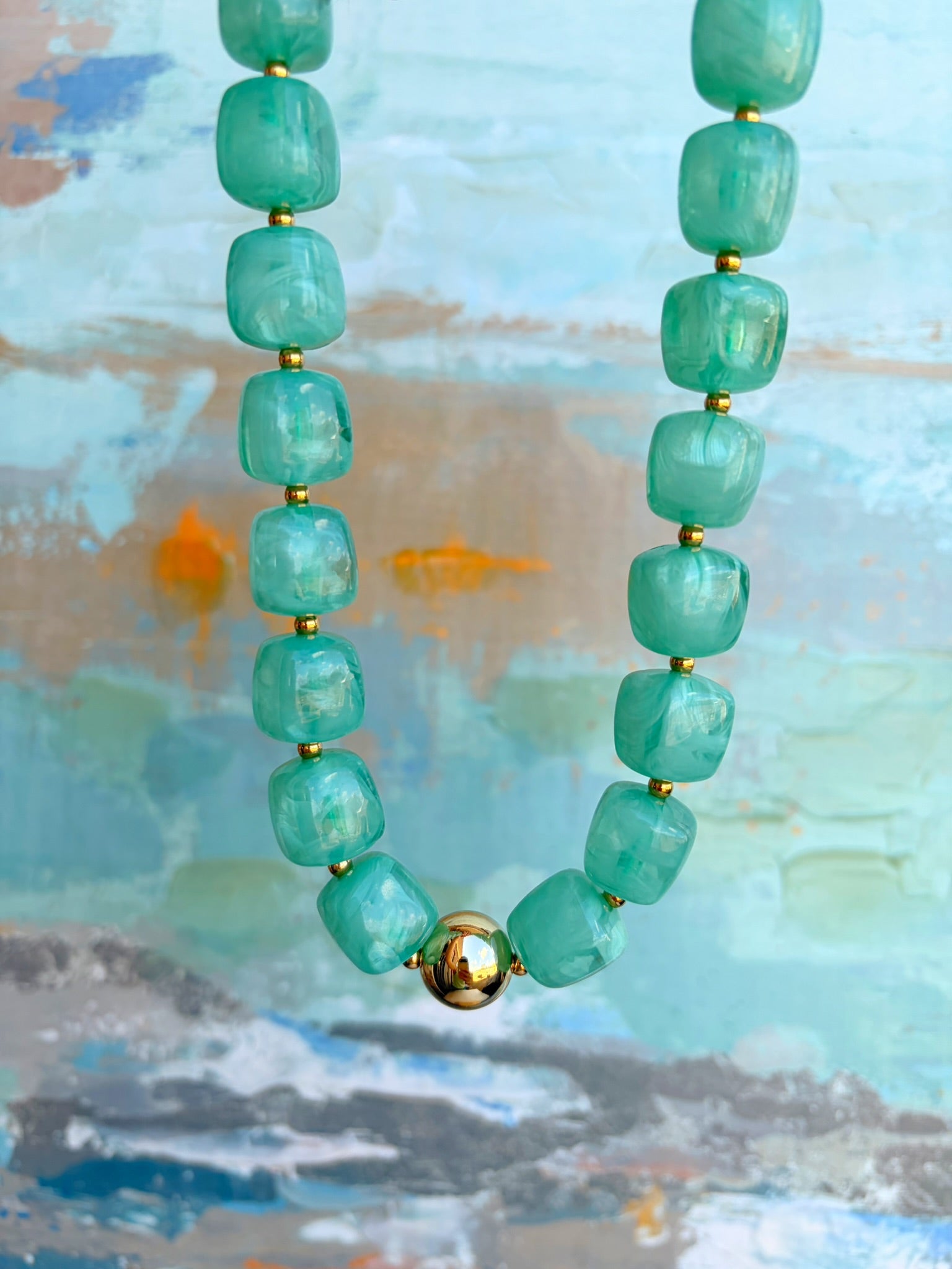 Shades of Green Cube Bead Necklace – 16.5” + Extender