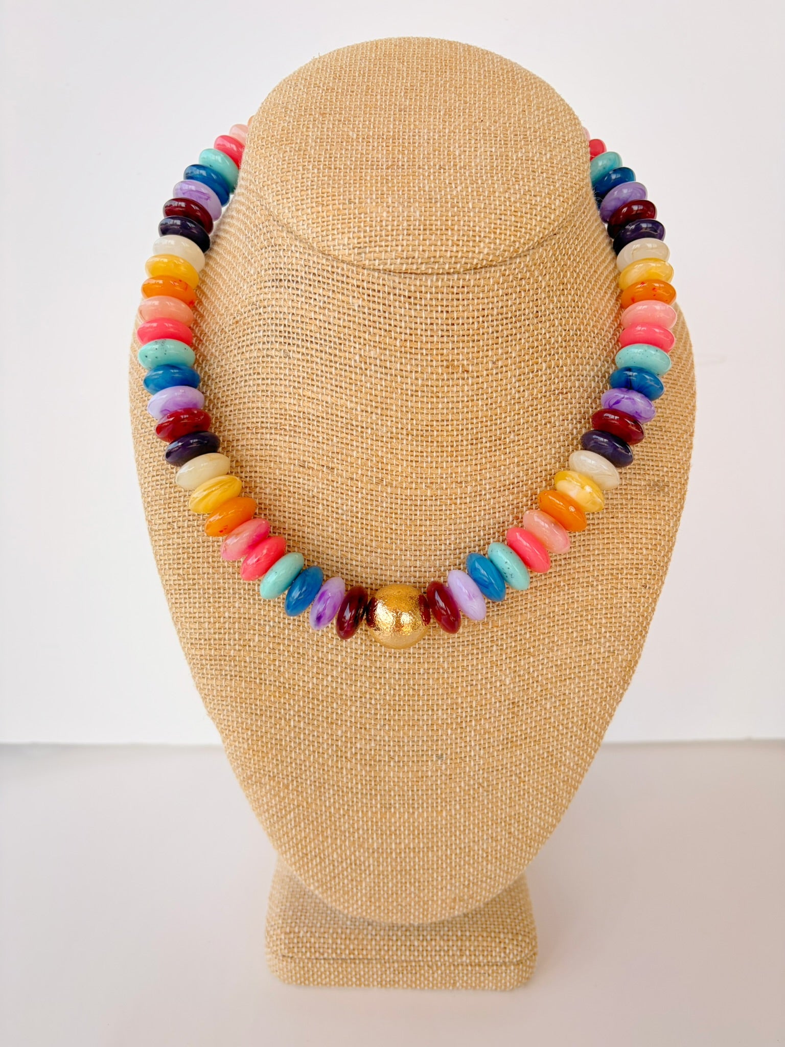 Dark Multi Rondelle & Gold Ball Necklace – 16”