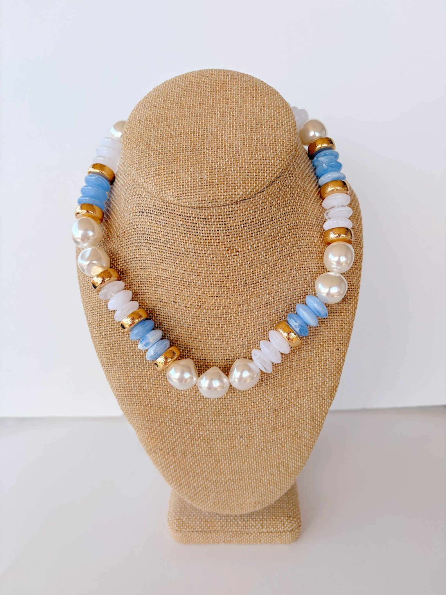 Blue, White & Pearl Rondelle Necklace – 16”