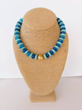 Turquoise Rondelle & Gold Ball Necklace – 16” + Extender