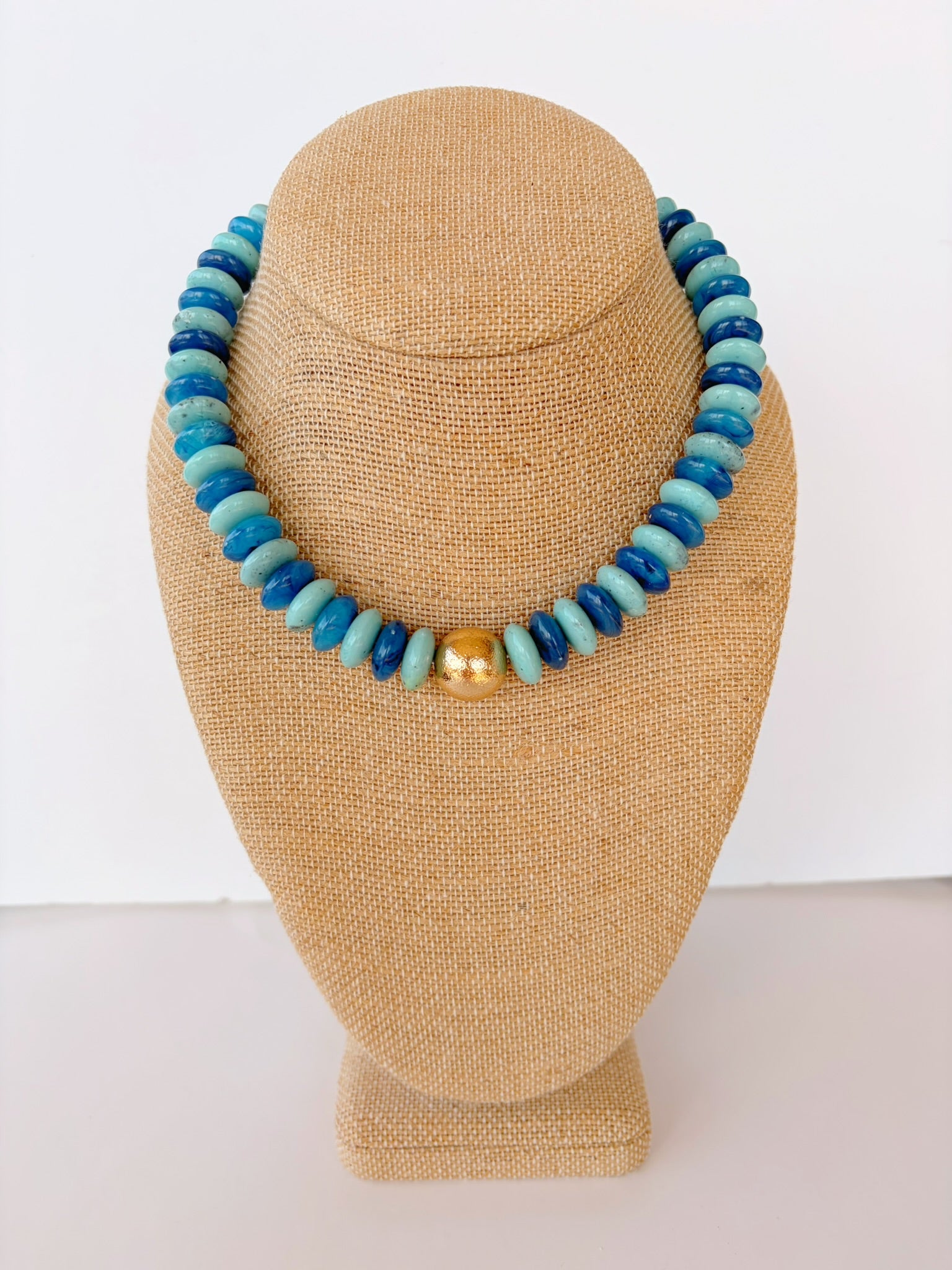 Turquoise Rondelle & Gold Ball Necklace – 16” + Extender