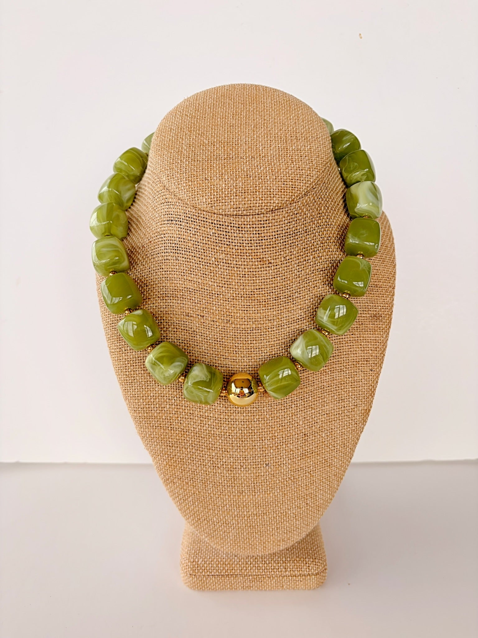 Olive Green Cube Bead Necklace – 16”