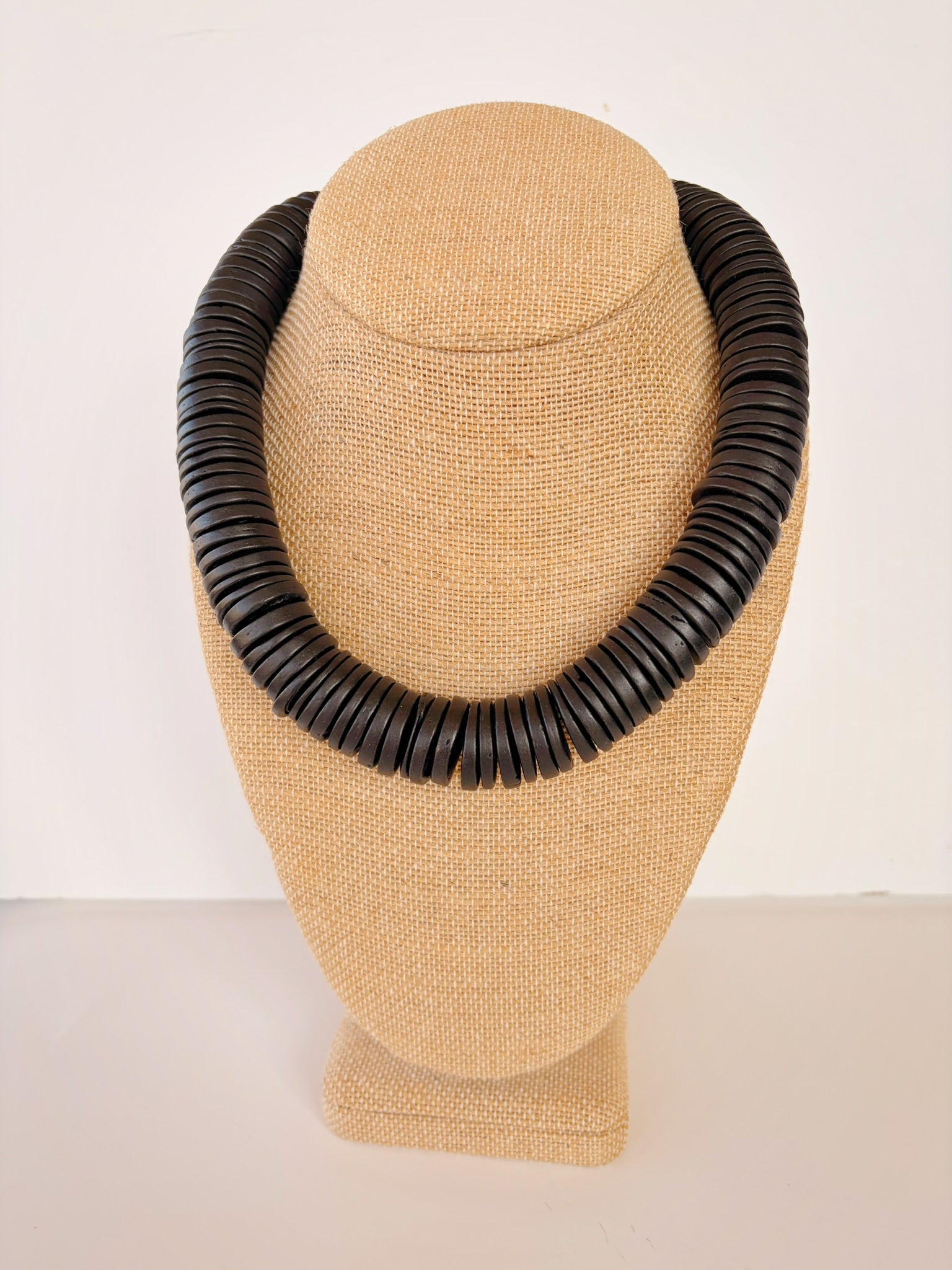Black Coconut Disc Bead Necklace – 16”