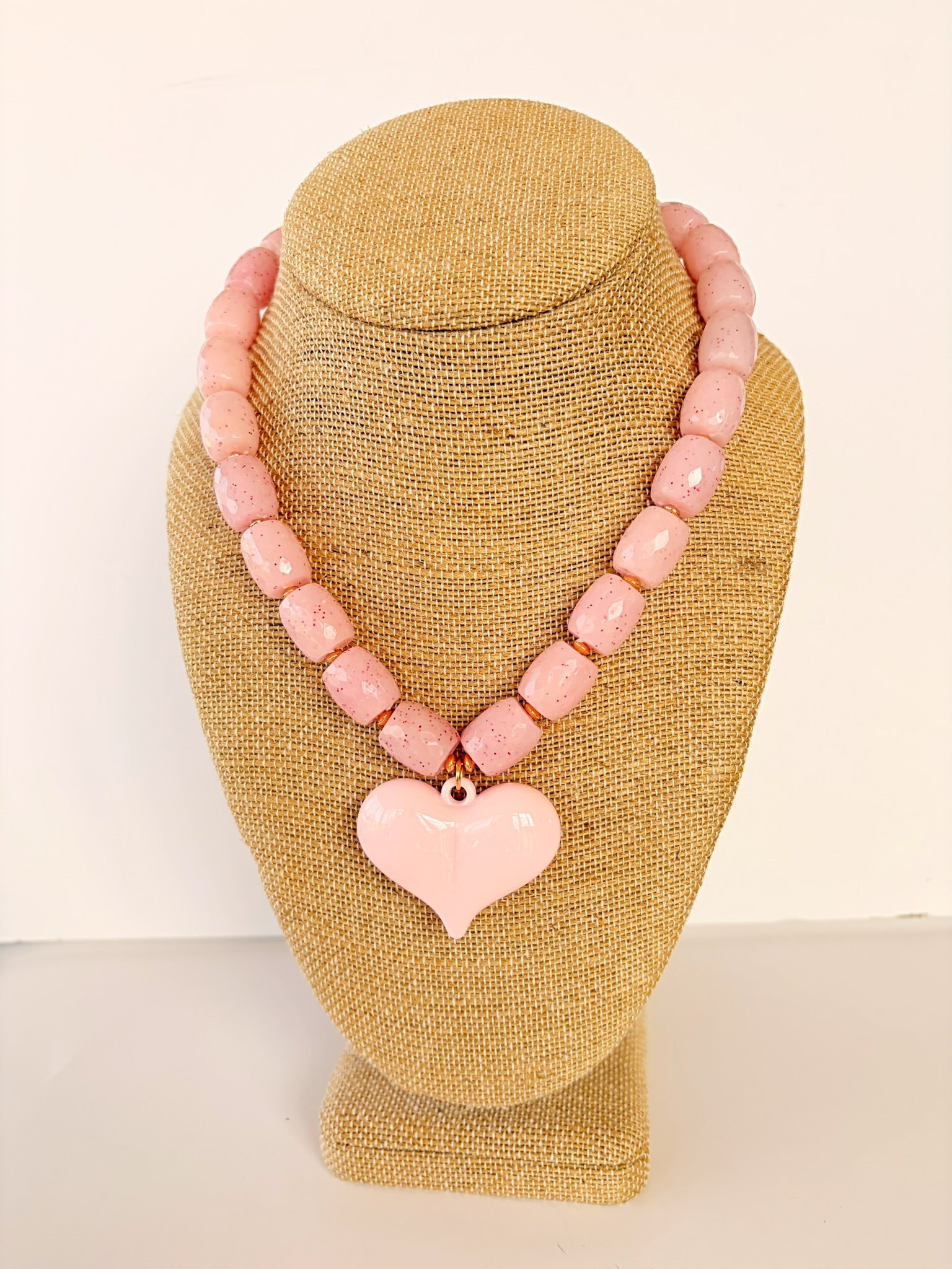 Pink Heart Pendant Beaded Necklace – 18”