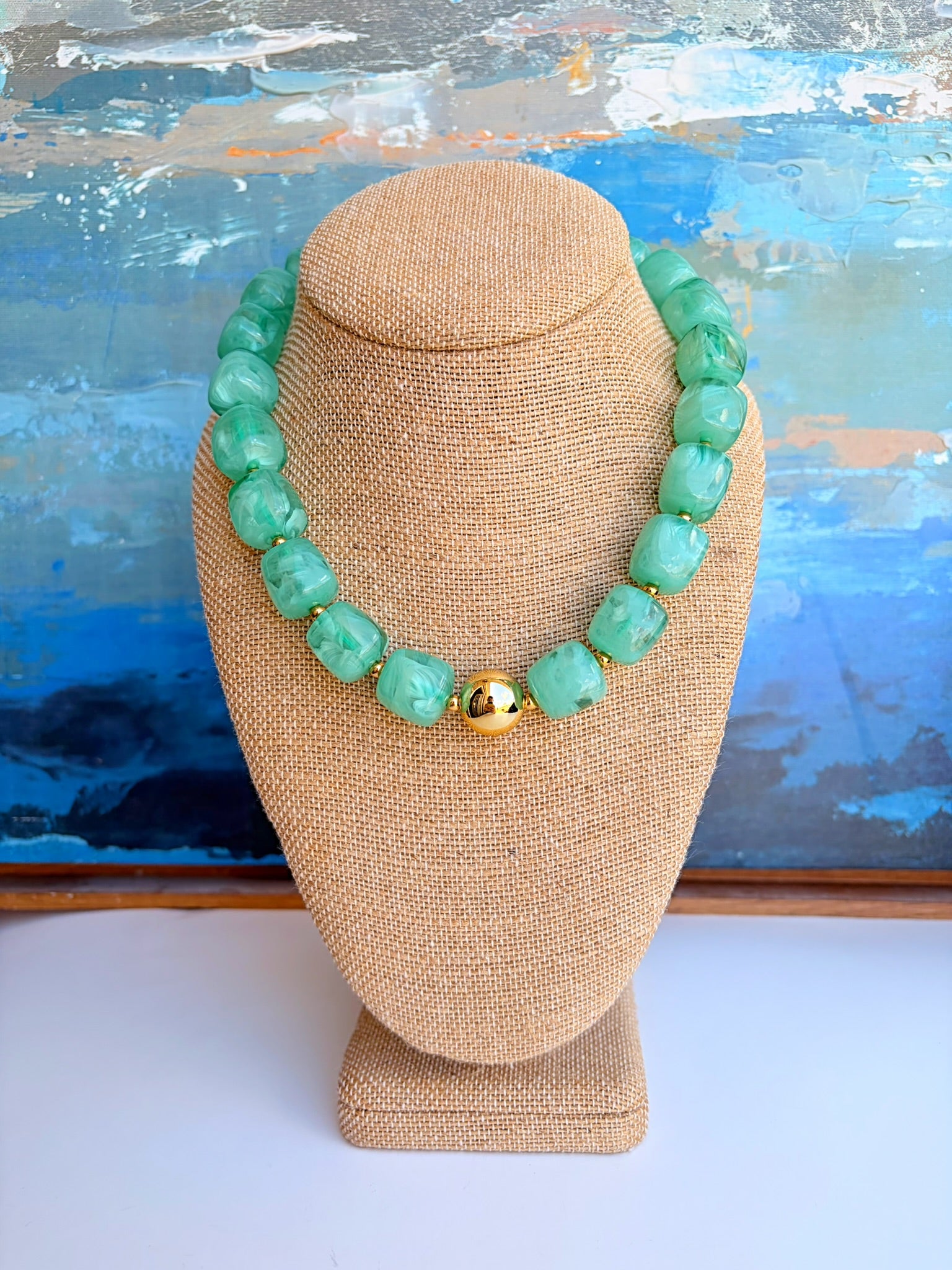 Shades of Green Cube Bead Necklace – 16.5” + Extender