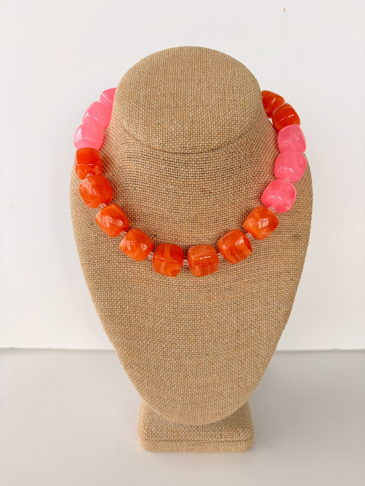 Orange & Pink Cube Bead Necklace – 16”