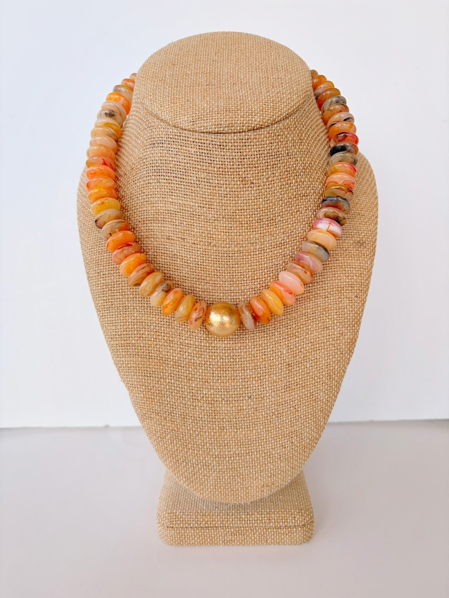 Orange Rondelle & Gold Ball Necklace – 16” + Extender