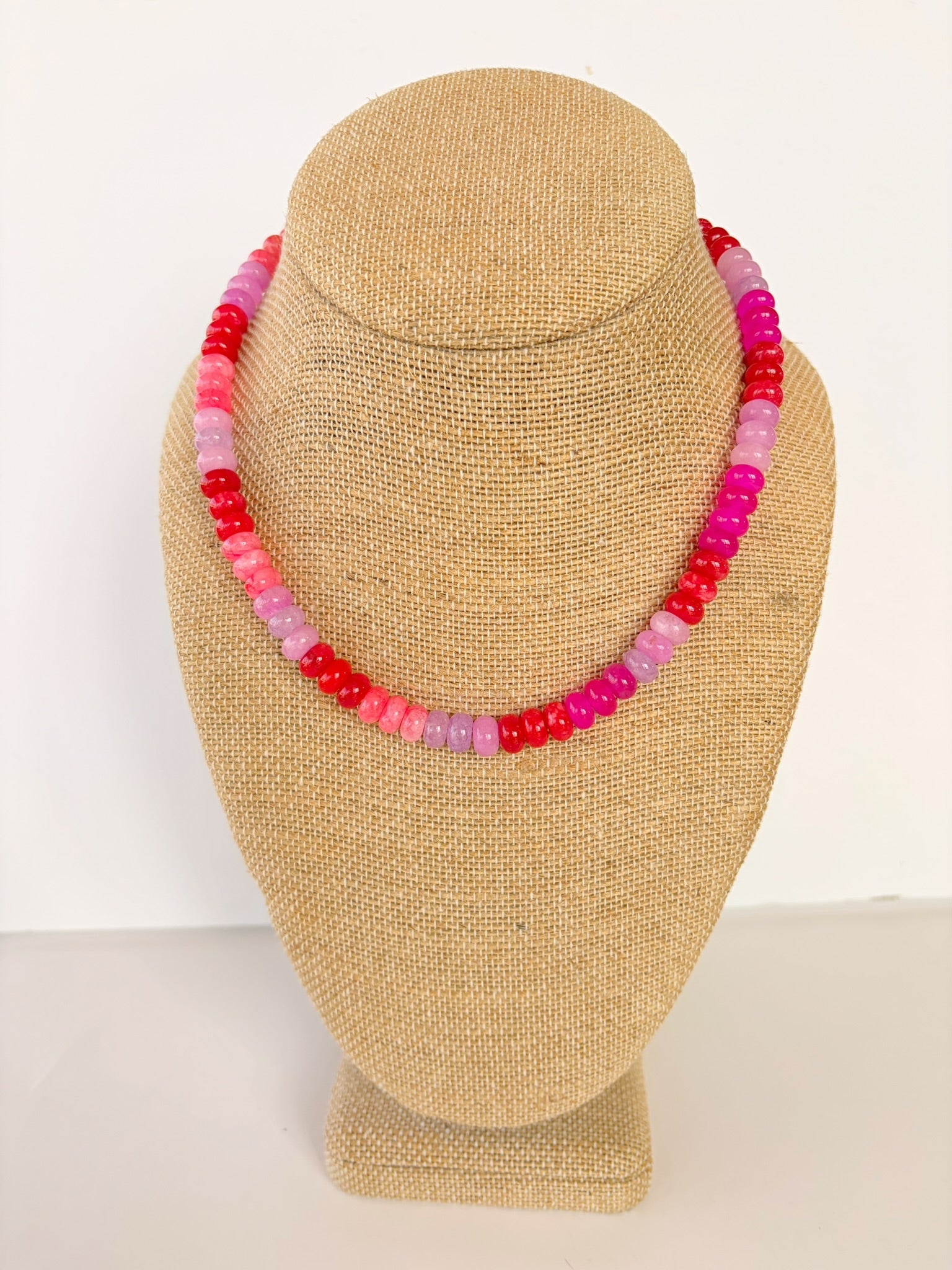 Mixed Pink & Red Rondelle Necklace – 16” + Extender