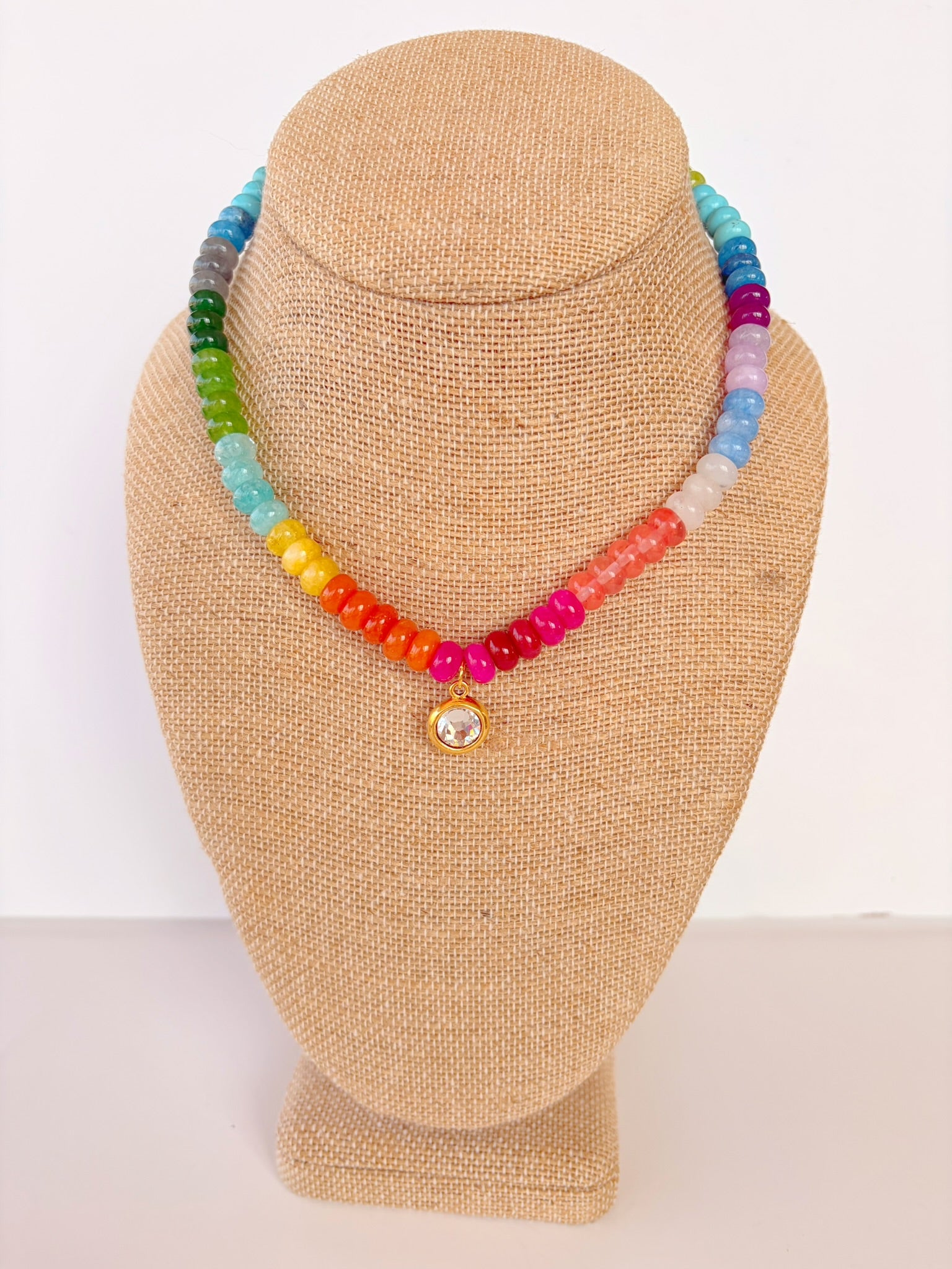 Rainbow Rondelle Necklace with Bezel Charm – 15.5” + Extender