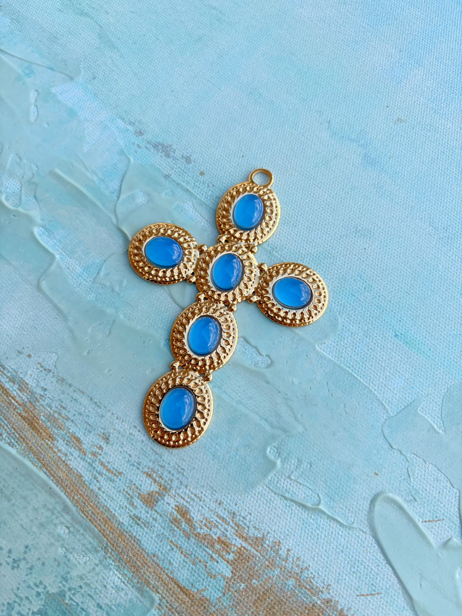 Gold Cross Pendant with Blue Stones