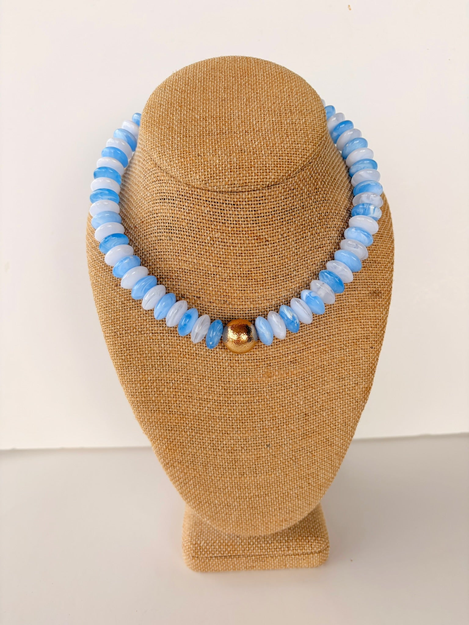 Light Blue & White Rondelle Necklace – 16” + Extender