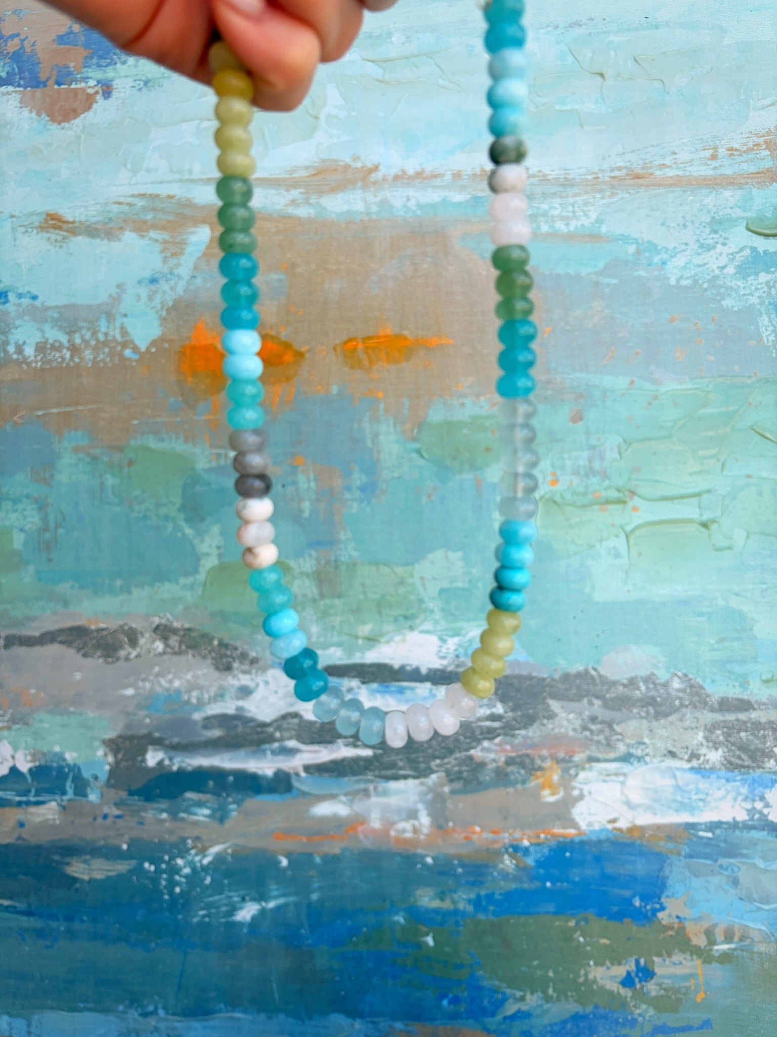Mixed Blue & Green Rondelle Necklace – 15” + Extender