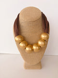 Gold Beaded Brown Mesh Scarf Necklace