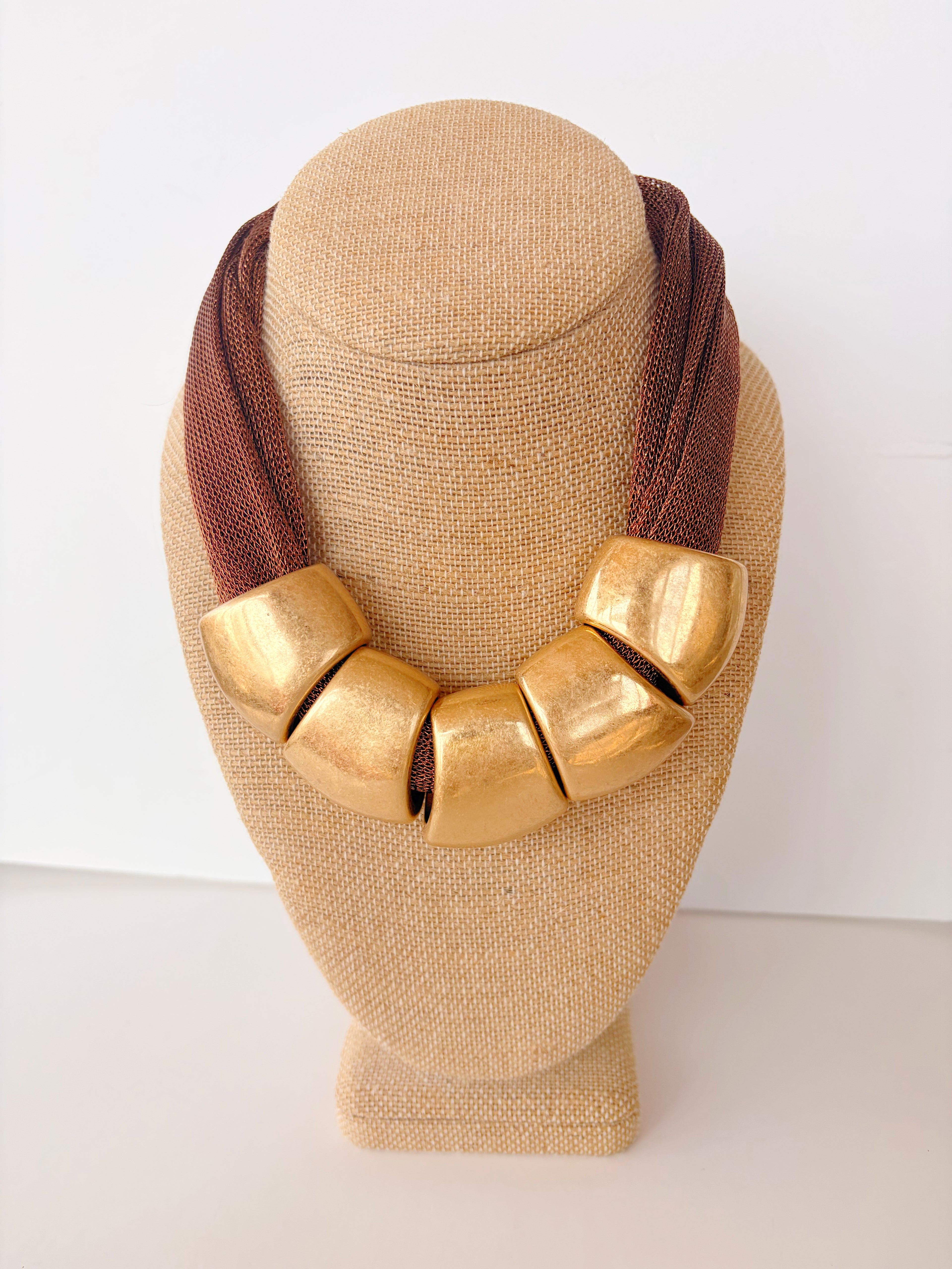 Geometric Gold Beaded Brown Mesh Scarf Necklace