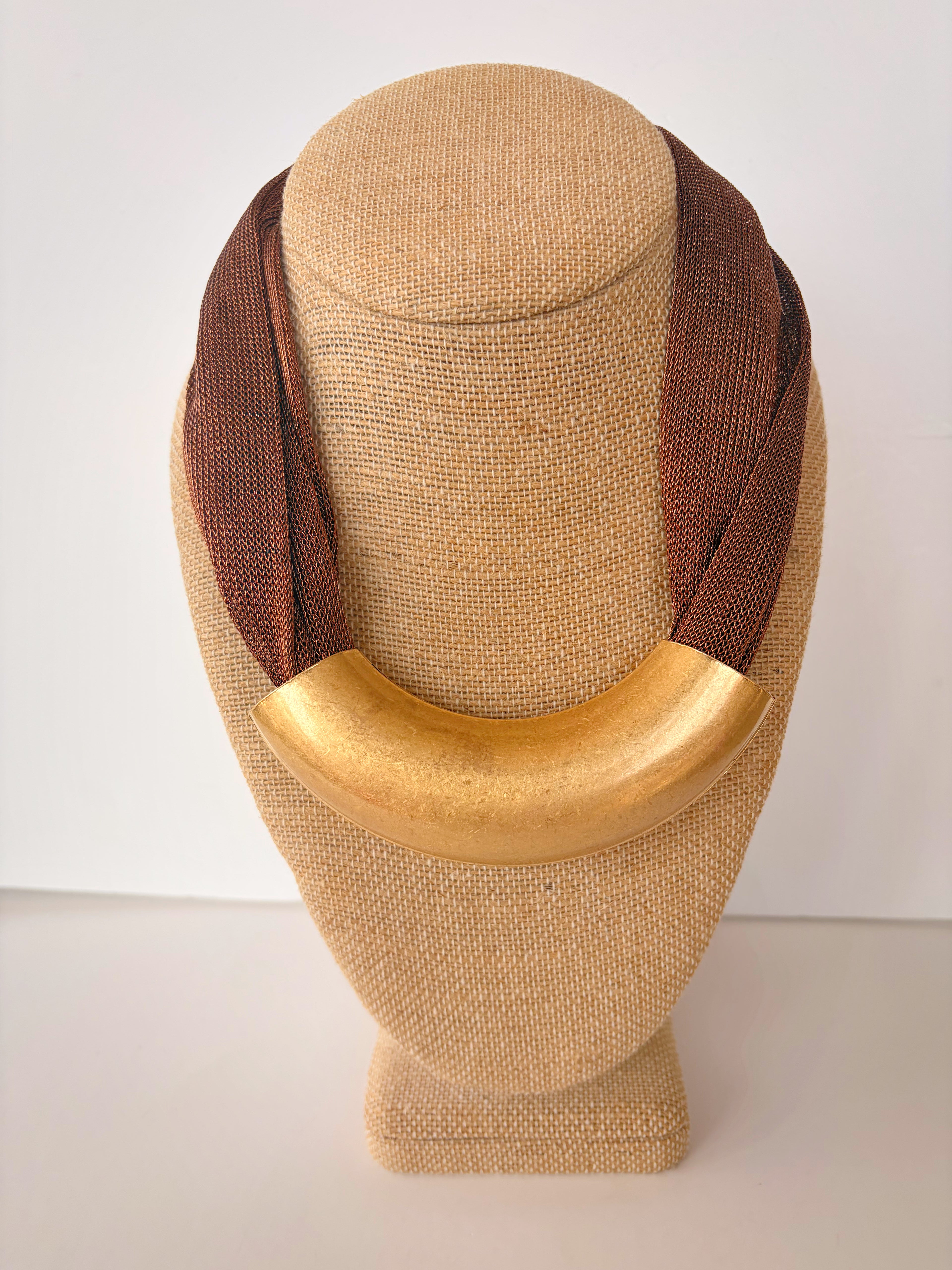 Gold Curve Brown Mesh Scarf Necklace