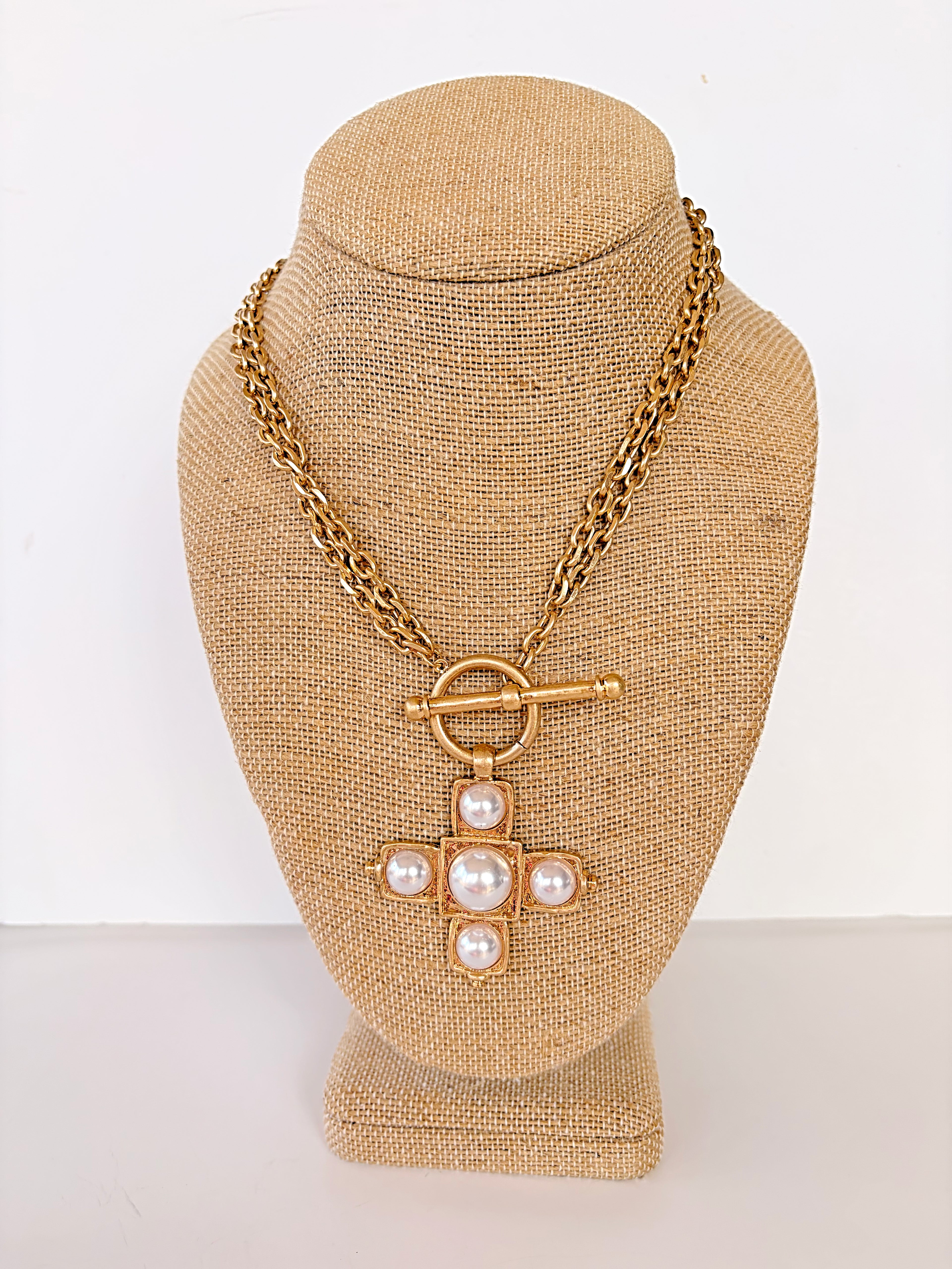 Layered Pearl Cross Necklace