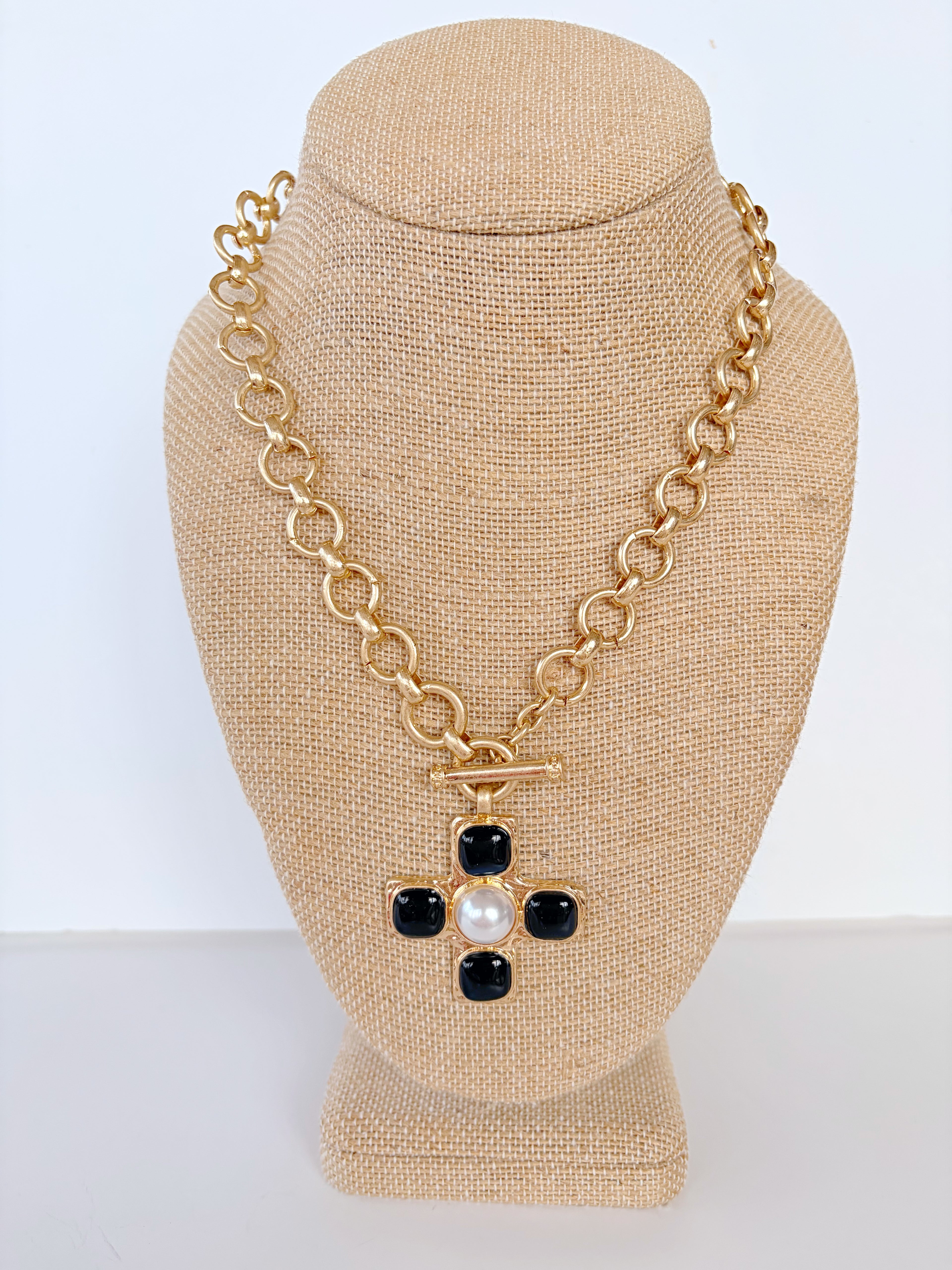 Black + Gold Cross Necklace