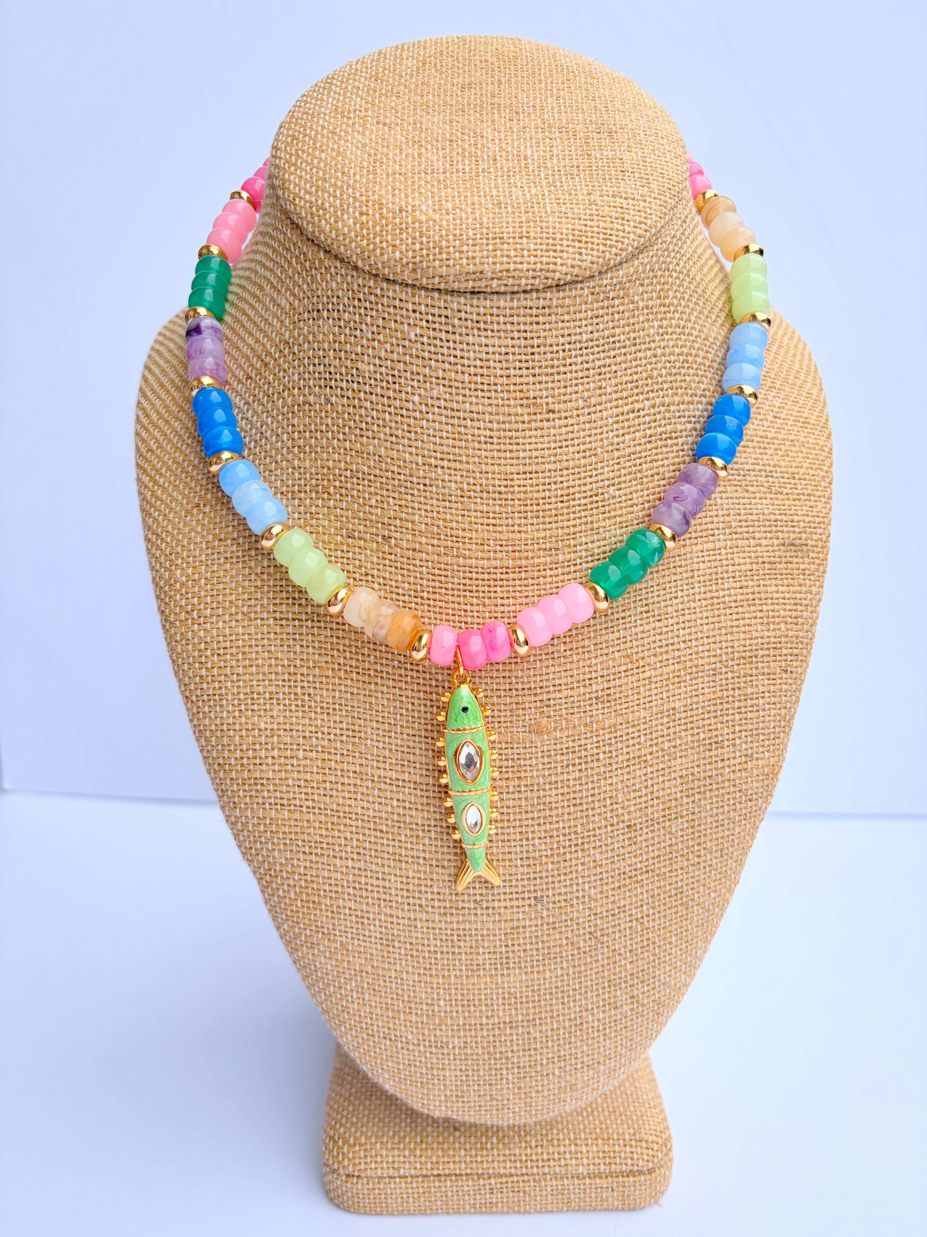 Multicolored Beaded Necklace + Green fish