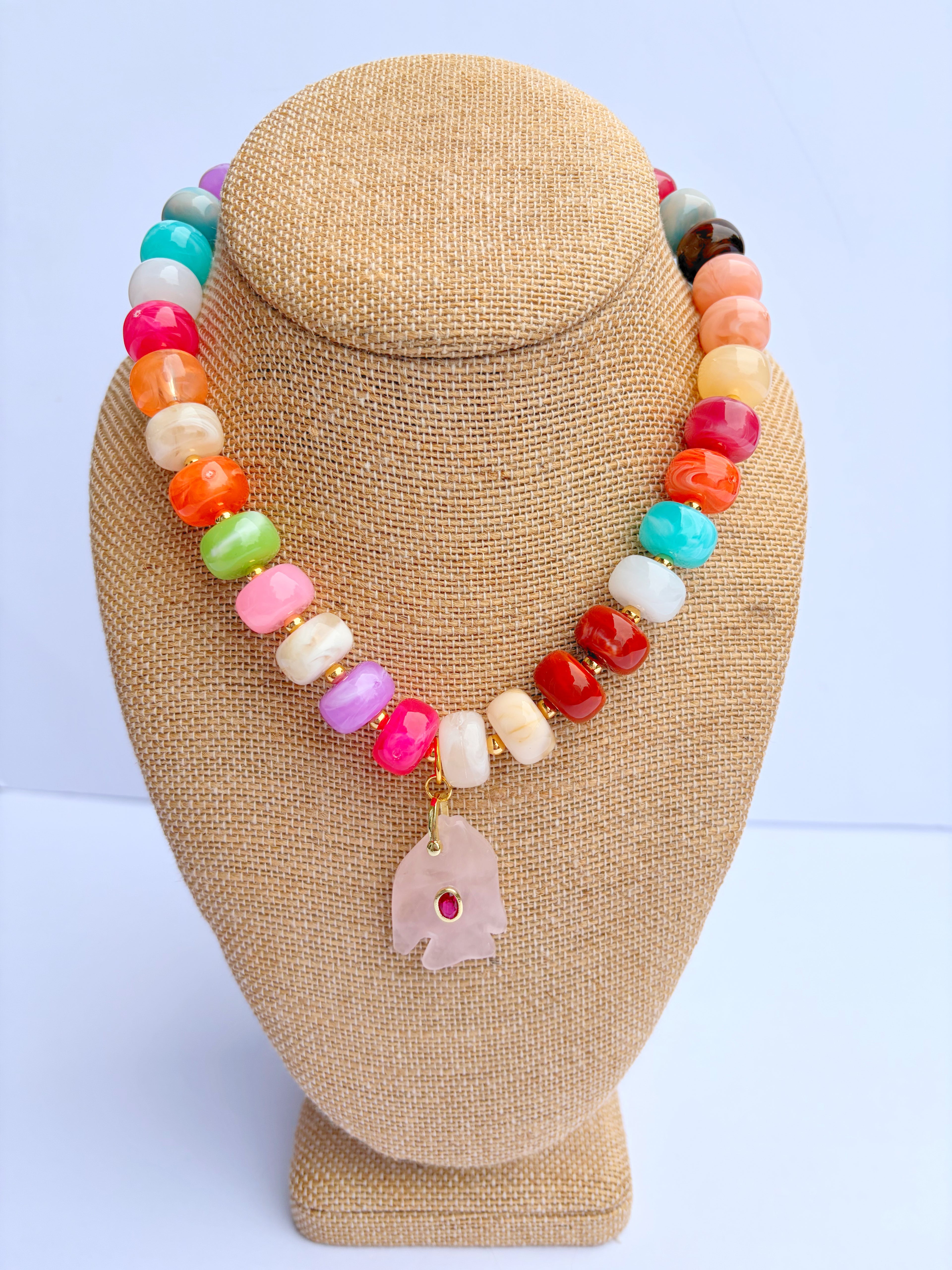 Round Multicolored + Light Pink Fish Necklace