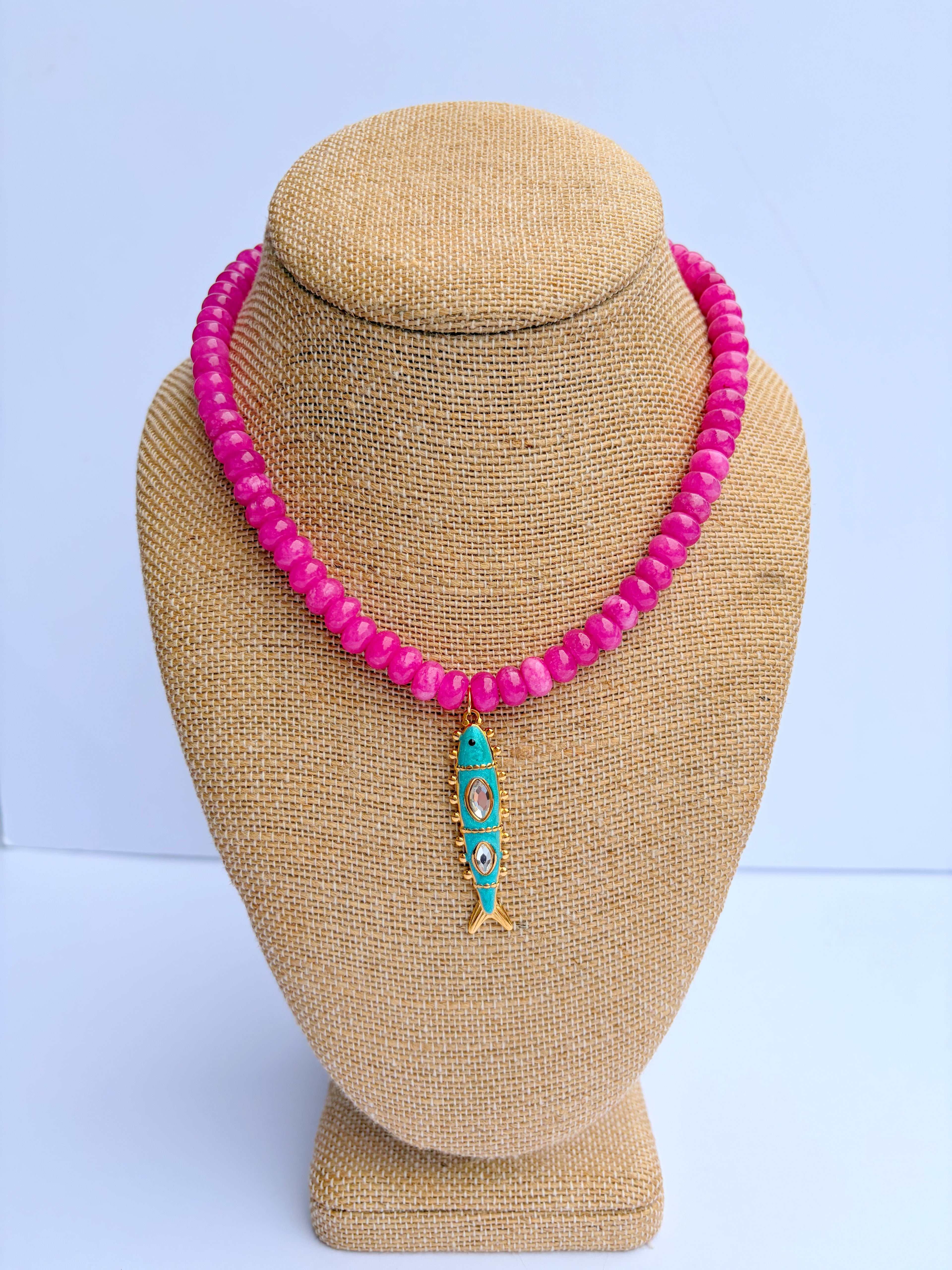 Hot Pink Rondelle Necklace with blue fish