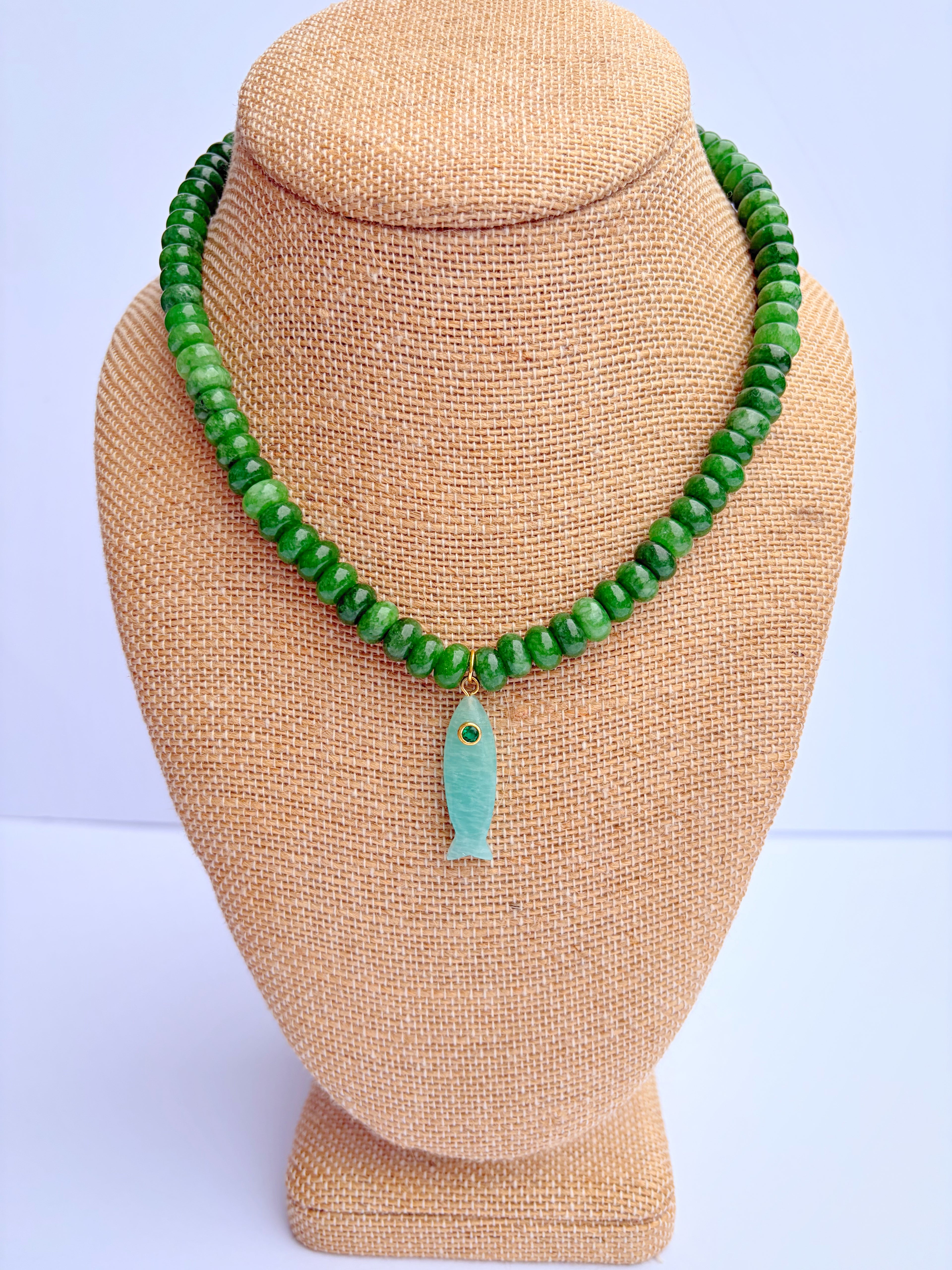 Green Rondelle necklace with light green fish charm