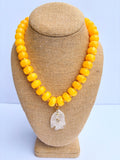 Golden Yellow Round Beaded Necklace with Clear/White stone fish