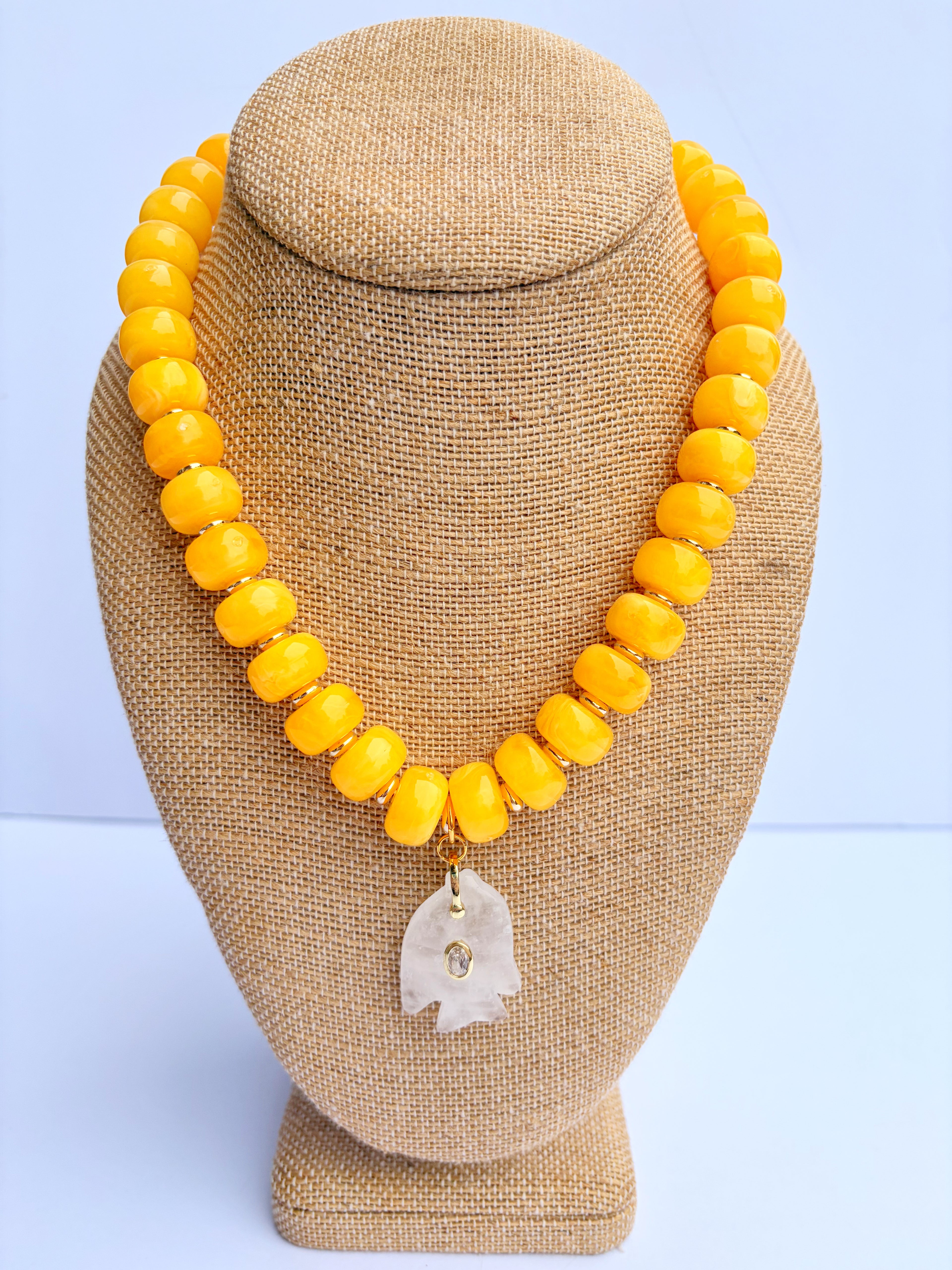 Golden Yellow Round Beaded Necklace with Clear/White stone fish