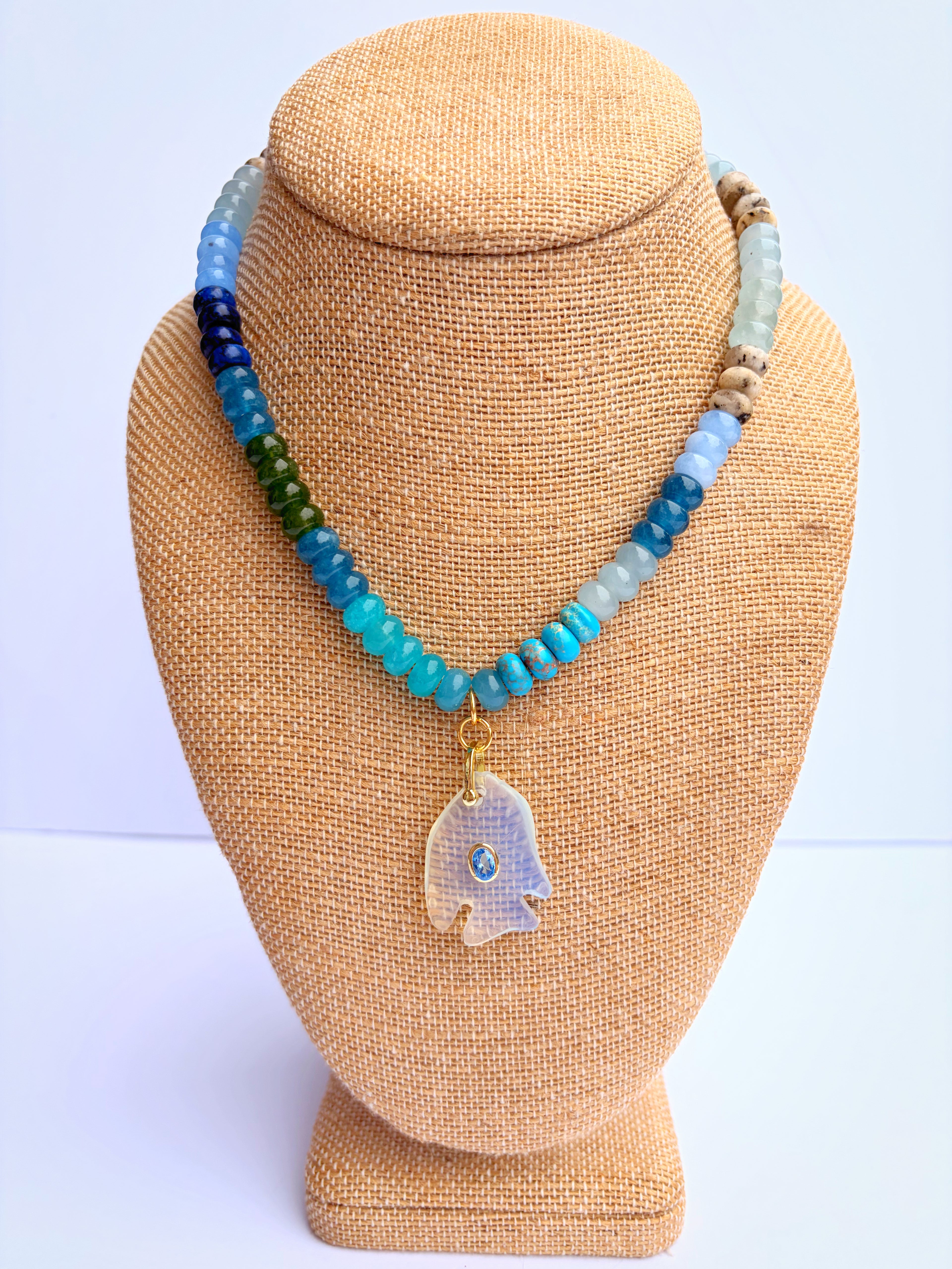 Mixed Blue Rondelle Necklace with Light Blue Stone Fish
