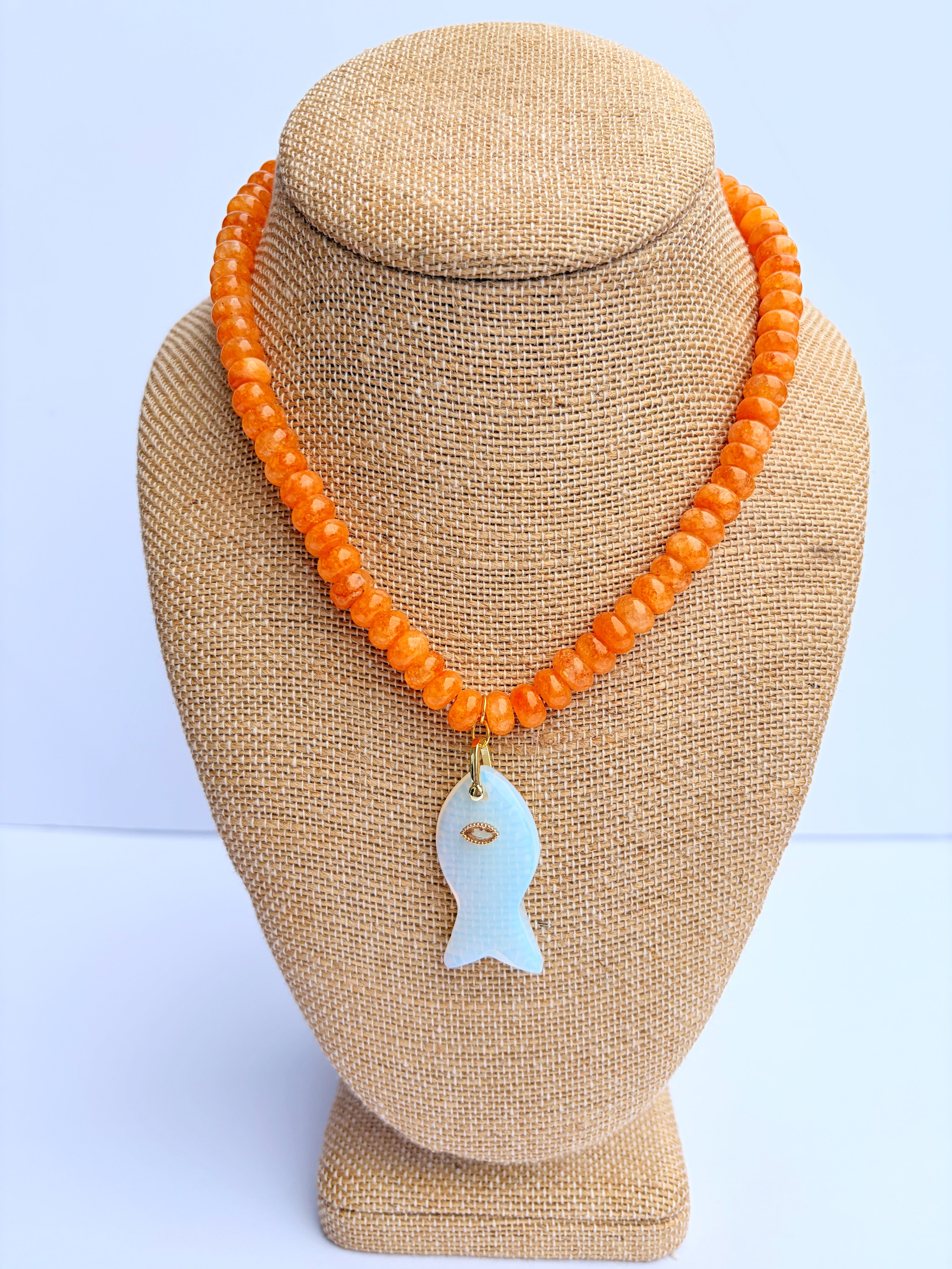 Orange Rondelle Necklace with Clear Stone Fish