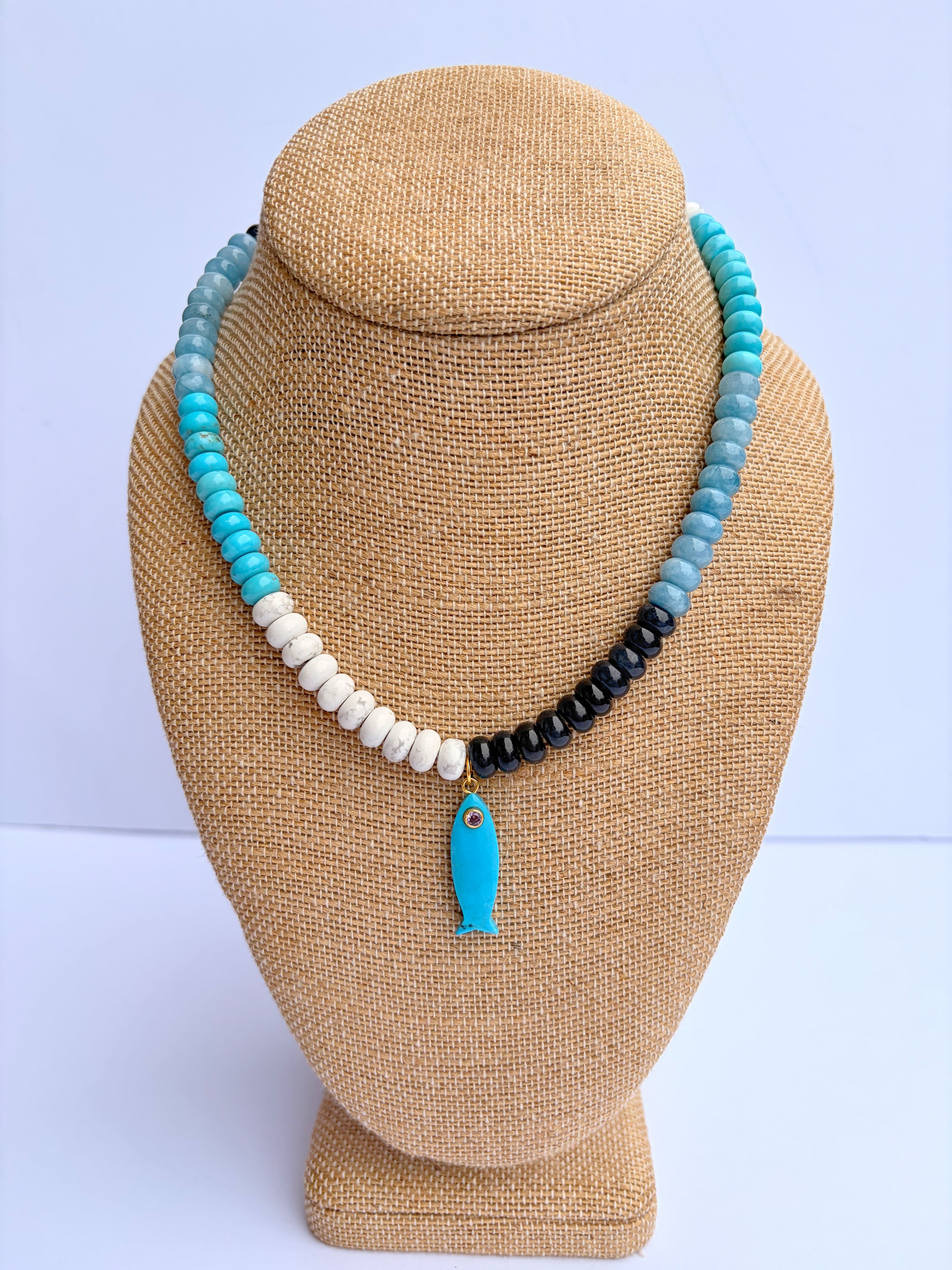 Mixed Blue Rondelle Necklace with Blue Fish Charm