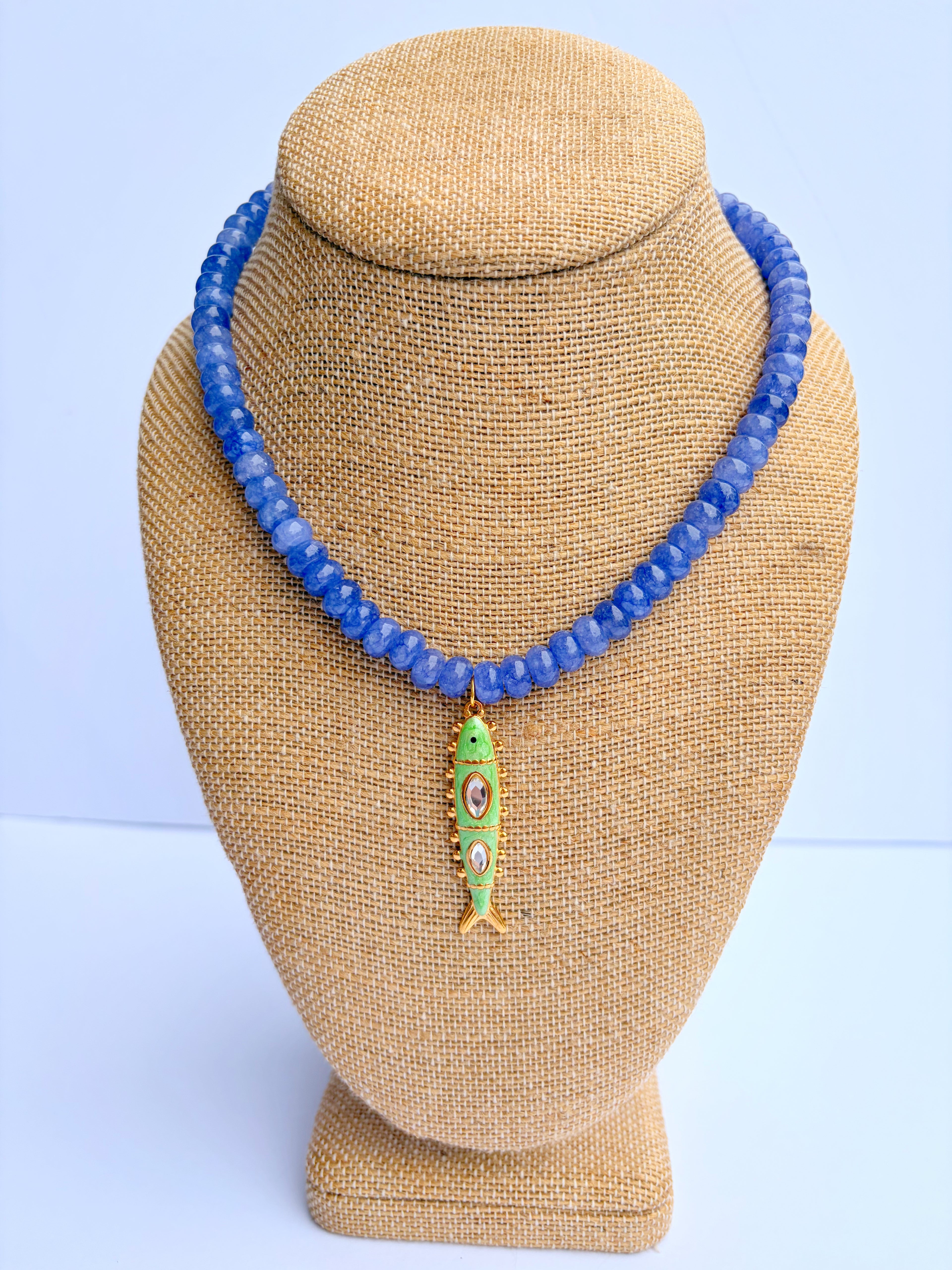 Blue Rondelles with Green Fish Charm