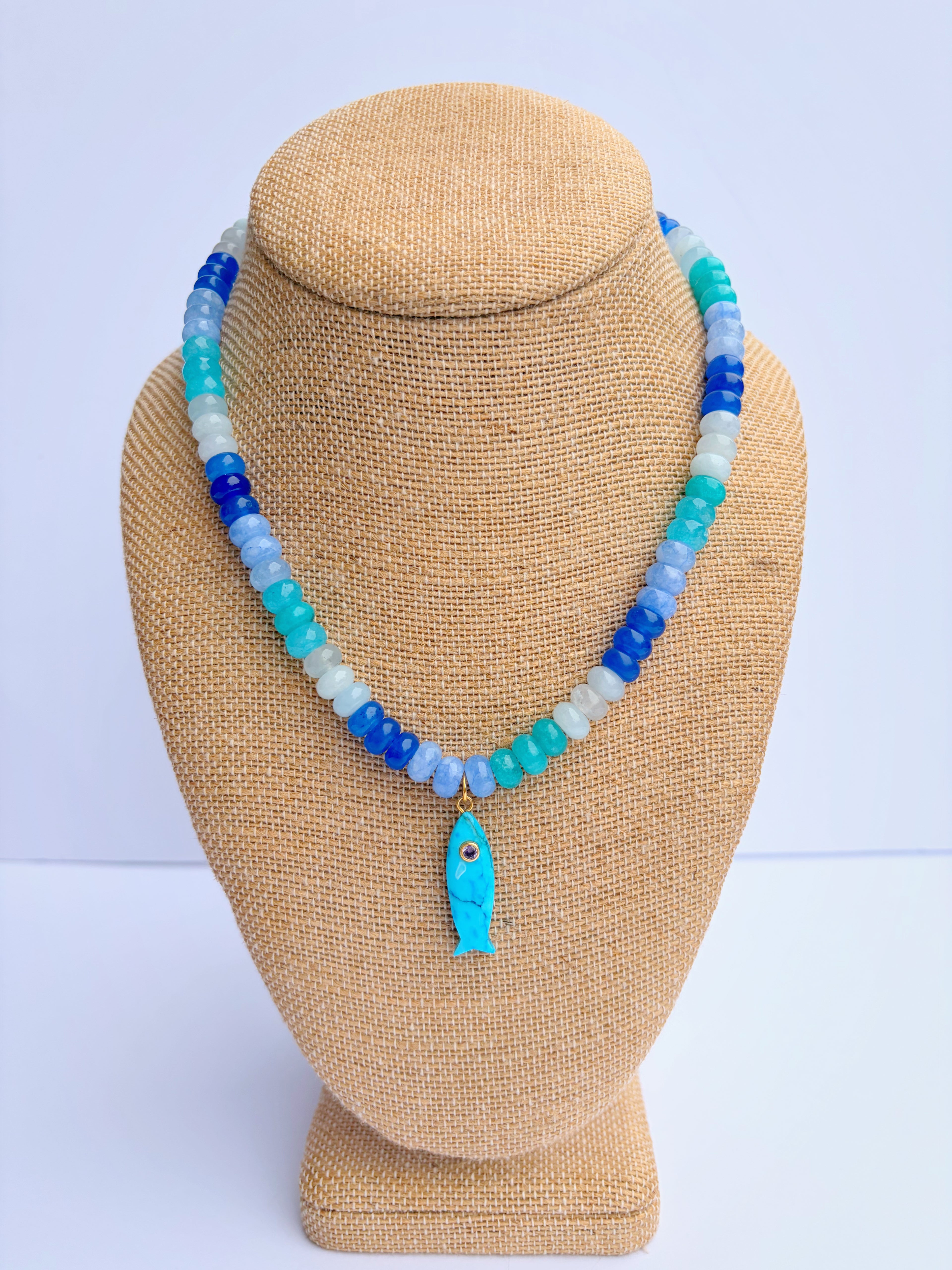 Mixed Blue Rondelle Necklace with Blue Fish Charm