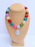 Multicolored Cube Bead Necklace with clear blue stone fish