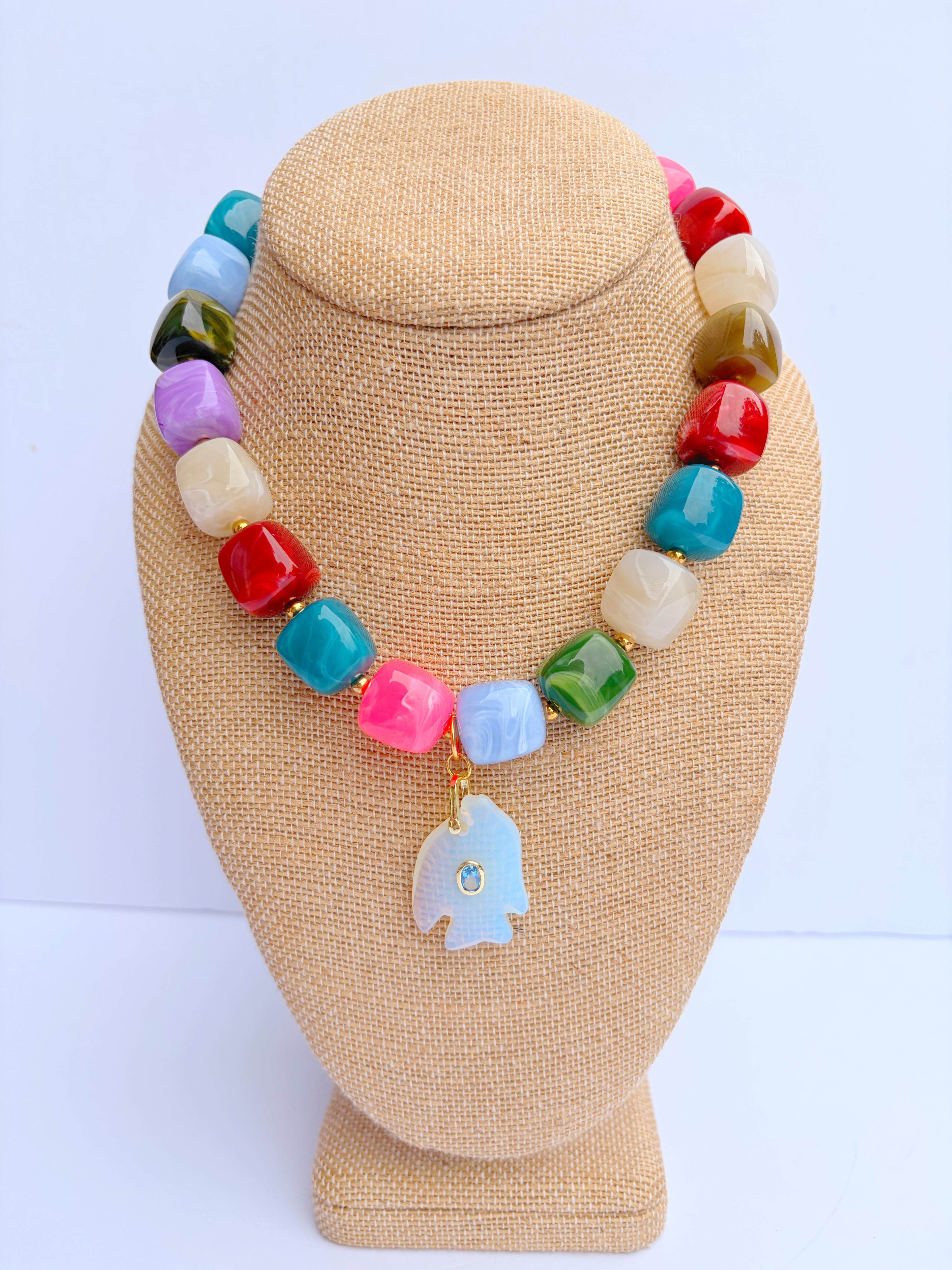 Multicolored Cube Bead Necklace with clear blue stone fish