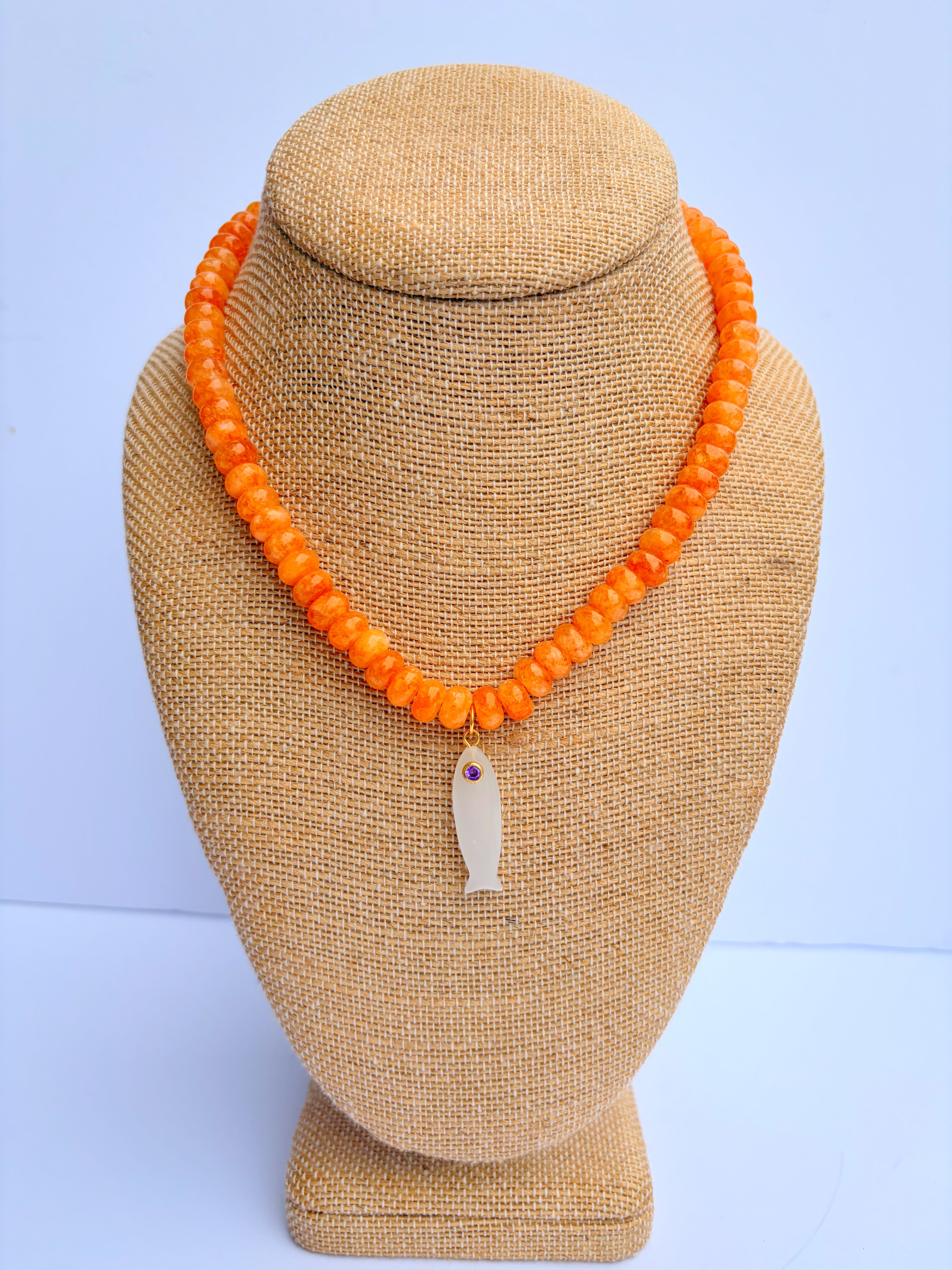 Orange Rondelle + White Fish with purple stone necklace