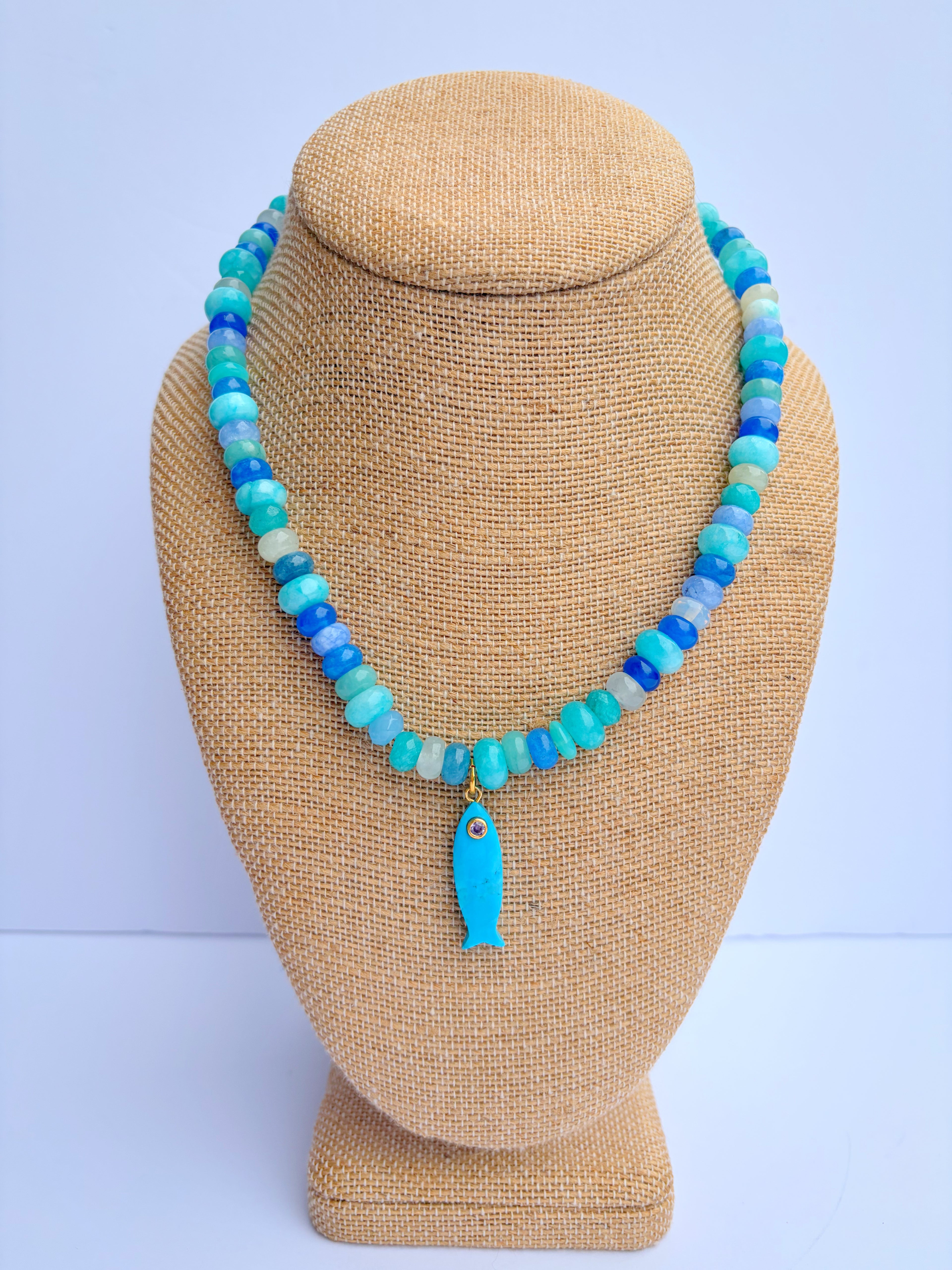 Mixed Blue Rondelle + Blue Fish Necklace